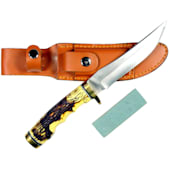 Deer Horn Handle Hunting Knife w/ Genuine Leather Sheath