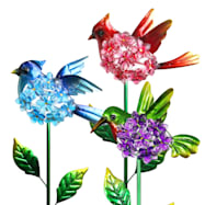 Solar Metal Birds w/ Acrylic Flowers Garden Stake - Assorted