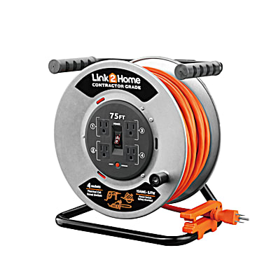 75 ft Contractor Grade Cord Reel 12AWG SJTW w/ 4 Outlets by