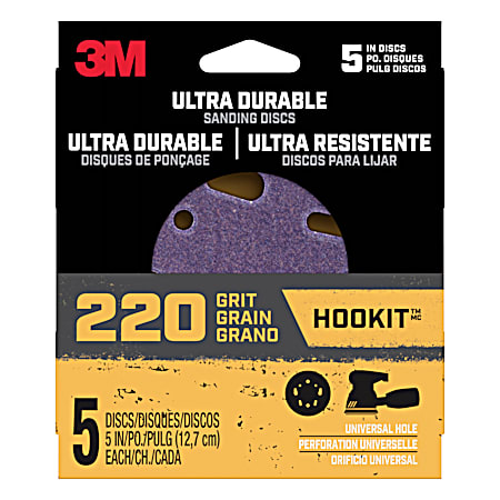 3M 220 Grit Ultra Durable 5 in Power Sanding Discs - 5 Pk