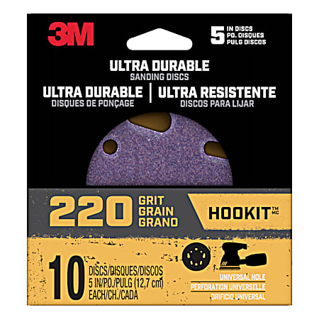 3M 220 Grit Ultra Durable 5 in Power Sanding Discs - 10 Pk