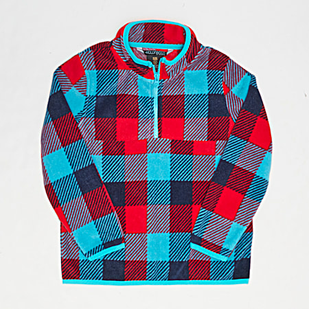 Boys' Turquoise/Red Plaid Long Sleeve 1/4 Zip Polar Fleece Pullover