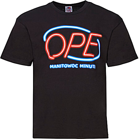 Manitowoc Minute Men's Black OPE Neon Sign Graphic Crew Neck Short Sleeve Cotton T-Shirt