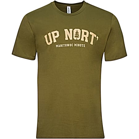 Manitowoc Minute Men's Olive Up Nort' Graphic Crew Neck Short Sleeve Cotton T-Shirt
