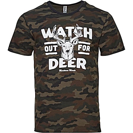 Manitowoc Minute Men's Grey Camo Watch Out For Deer Graphic Crew Neck Short Sleeve Cotton T-Shirt
