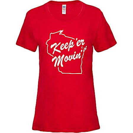 Manitowoc Minute Women's Red Wisconsin State Silhouette Keep'er Movin' Graphic Crew Neck Short Sleeve T-Shirt