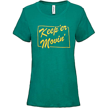 Manitowoc Minute Women's Green North Dakota State Silhouette Keep'er Movin' Graphic Crew Neck Short Sleeve T-Shirt