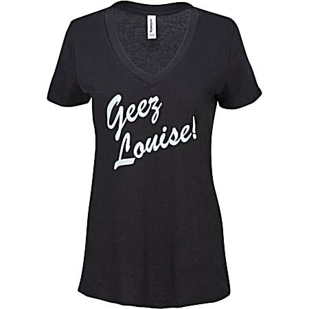 Manitowoc Minute Women's Black Geez Louise Graphic V-Neck Short Sleeve T-Shirt