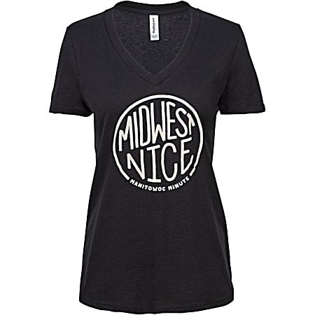 Manitowoc Minute Women's Black Midwest Nice Graphic V-Neck Short Sleeve T-Shirt