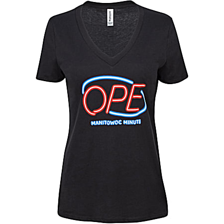 Manitowoc Minute Women's Black OPE Neon Sign Graphic V-Neck Short Sleeve T-Shirt
