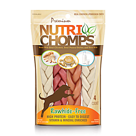 NutriChomps Dog Chews, 6-inch Braids, Easy to Digest, Rawhide-Free Dog Treats, Healthy, 4 Count, Real Chicken, Peanut Butter and Milk flavors