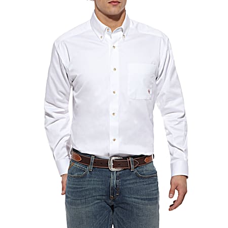 Men's White Solid Button Front Long Sleeve Twill Shirt