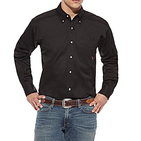 Men's Black Solid Button Front Long Sleeve Twill Shirt