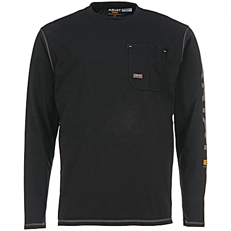 Men's Black Graphic Logo Crew Neck Long Sleeve Pocket T-Shirt