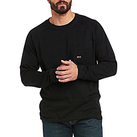 Rebar Men's Rebar Cotton Strong Black Graphic Logo Crew Neck Long Sleeve Pocket T-Shirt