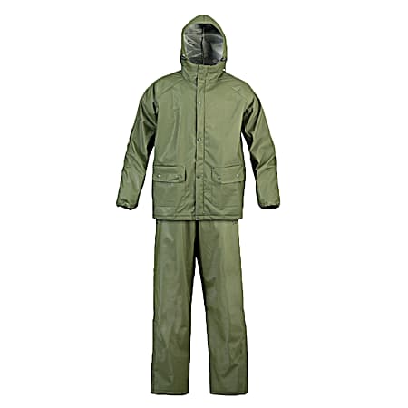 Adult SX Olive Drab Hooded Snap Front Long Sleeve Jacket & Pants Rain Suit - 2 Pc.
