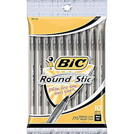 Round Stic Black Medium Ball Point Pens - 10 Pk