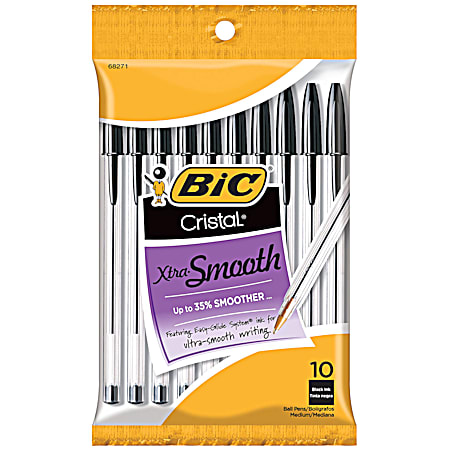 Bic Cristal Black Xtra Smooth Medium Ball Point Pens - 10 Pk