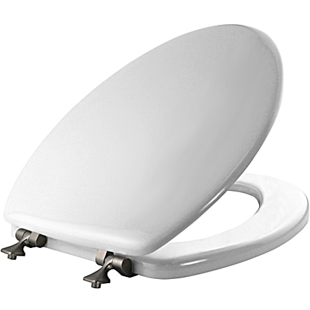 Mayfair White Elongated Molded Wood Toilet Seat w/ Brushed Nickel Sta-Tite Hinges
