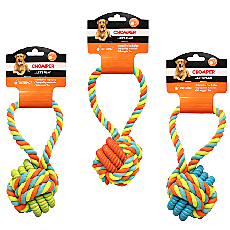 9 in Rope & TPR Rings Ball w/ Rope Handle Dog Toy - Assorted