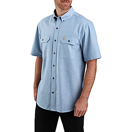Men's Solid Blue Original Fit Button Front Short Sleeve Chambray Shirt