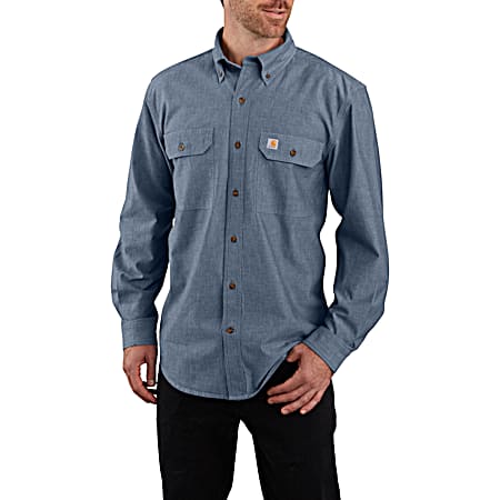 Men's Solid Denim Blue Original Fit Button Front Long Sleeve Chambray Shirt