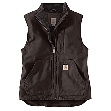Women's Dark Brown Washed Duck Relaxed Fit Full Zip Sherpa Lined Vest