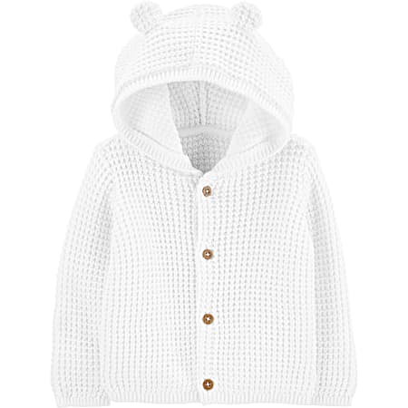 Infant White Hooded Button Front Sweater Cardigan w/Ears