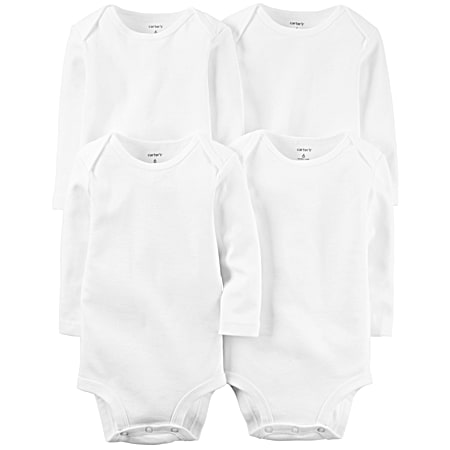 Infant White Crew Neck Long Sleeve Bodysuits - 4 Pk