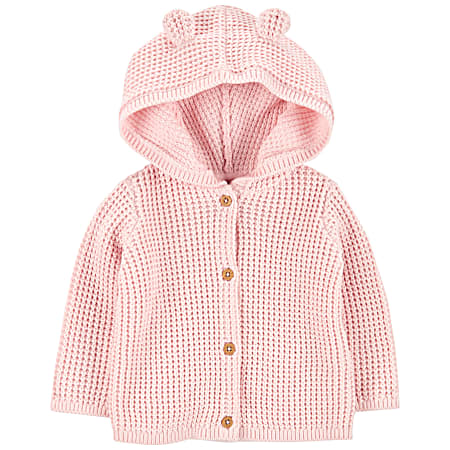 Infant Pink Hooded Button Front Sweater Cardigan w/Ears
