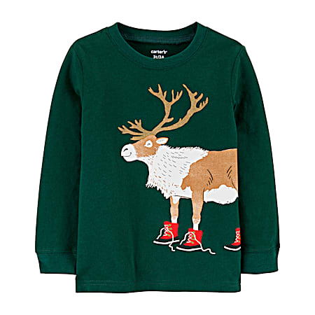 Toddler Boys' Holiday Green Reindeer Graphic Crew Neck Long Sleeve Shirt