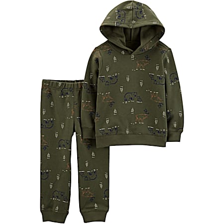 Toddler Boys' Olive All-Over Print Hooded Long Sleeve Sweatshirt & Coordinating Bottoms 2 Pc Set