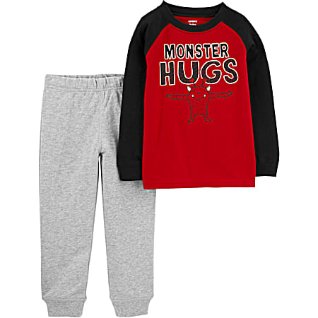 Toddler Boys' Red Applique Monster Hugs Crew Neck Long Sleeve Shirt & Joggers 2 Pc Set