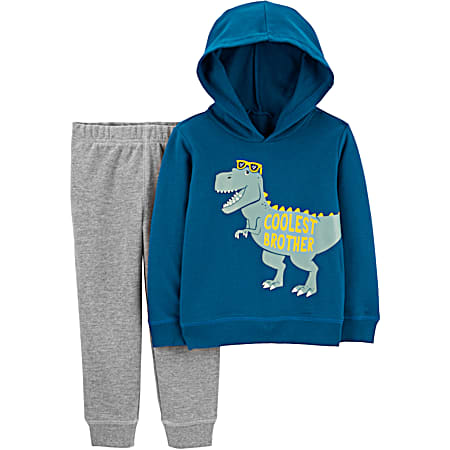 Toddler Boys' Teal Coolest Brother Graphic Hoodie & Coordinating Bottoms 2 Pc Set