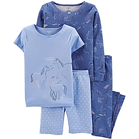 Little Girls' Unicorn Print Crew Neck Tops & Matching Bottoms Cotton PJs - 4 Pc