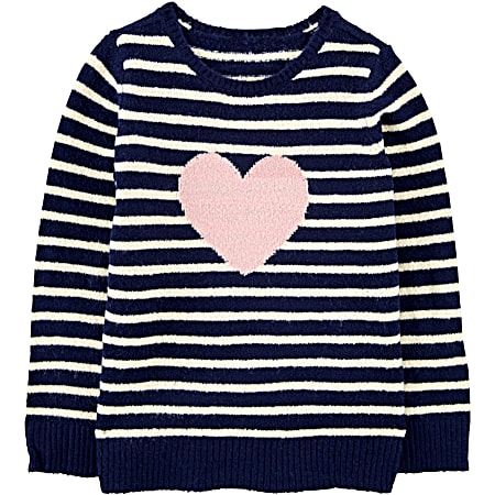 Little Girls' Navy/White Stripe Pink Heart Crew Neck Long Sleeve Pullover Sweater