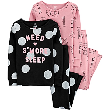 Little Girls' Black/Pink S'more Sleep Tops Coordinating Bottoms 4 - Pc Outfit