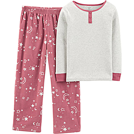 Little Girls' Grey/Pink Crew Neck Long Sleeve Top & Matching Bottoms PJs - 2 Pc Set