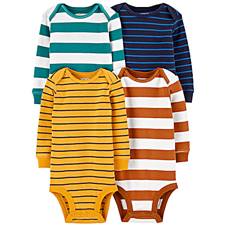 Infant Multi-Striped Crew Neck Long Sleeve Cotton Bodysuits - 4 Pk Assorted