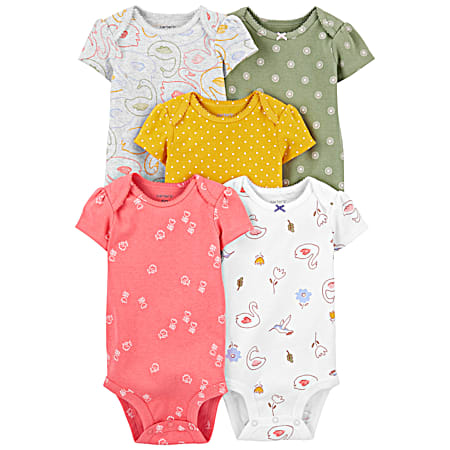 Infant Girls' Multi Printed Crew Neck Short Sleeve Cotton Bodysuits - 5 Pk Assorted