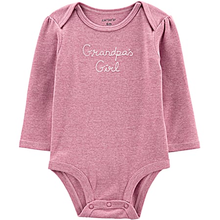 Infant Girls' Pink Grandpa's Girl Embroidered Crew Neck Long Sleeve Bodysuit