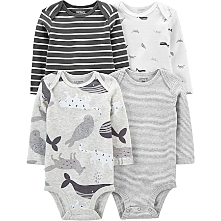 Infant Multi Color All-Over Print/Stripe & Animal Graphic Crew Neck Long Sleeve Bodysuit - 4 Pk