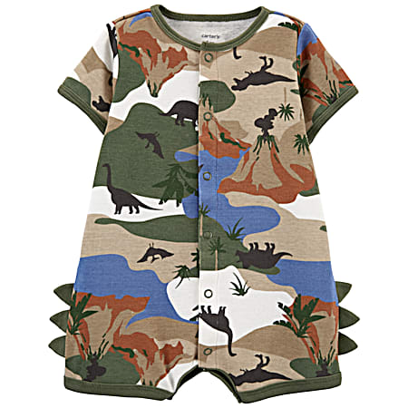 Infant Camo Dinosaur All-Over Printed Crew Neck Short Sleeve Cotton Romper