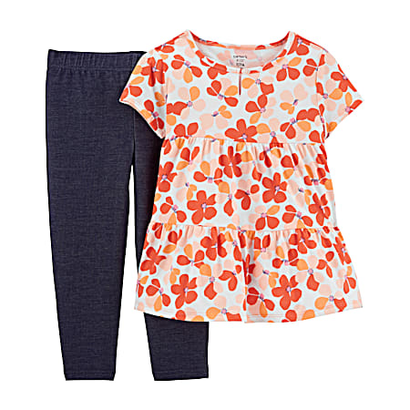 Little Girls' All-Over Floral Print Crew Neck Short Sleeve Fashion Top & Leggings 2 Pc Set