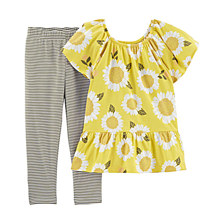 Little Girls' Yellow All-Over Flower Print Crew Neck Short Sleeve Top & Striped Leggings 2 Pc Set