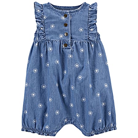 Infant Girls' Chambray Blue All-Over Print Snap Front Flutter Sleeve Romper