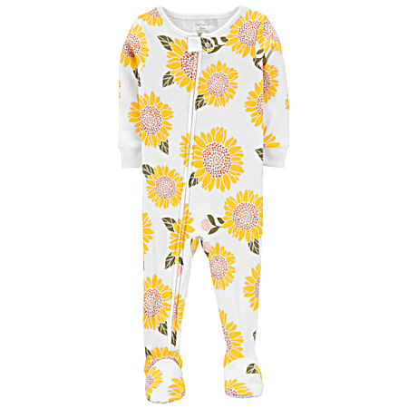 Infant Girls' White Sunflower All-Over Print Snug Fit Cotton Footed PJ's