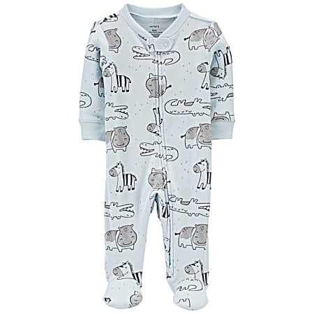 Infant Boys' Blue Textured All-Over Print 2-Way Zip Cotton Footed PJ's