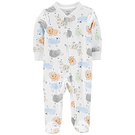 Infant Ivory Zoo Animals All-Over Print 2-Way Zip Cotton Footed PJ's