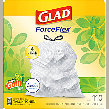 Glad 13 Gal Tall Kitchen Drawstring Gain Original Odor Shield Trash Bags - 110 ct